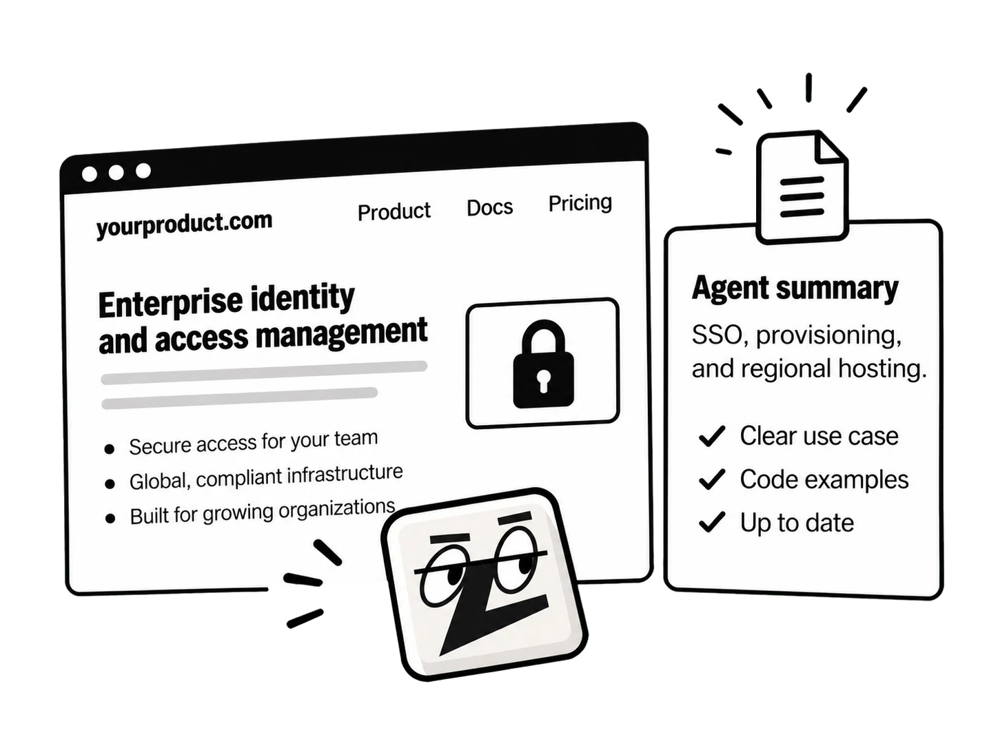 Lazy reads an enterprise identity website and an agent summary with cited capabilities.